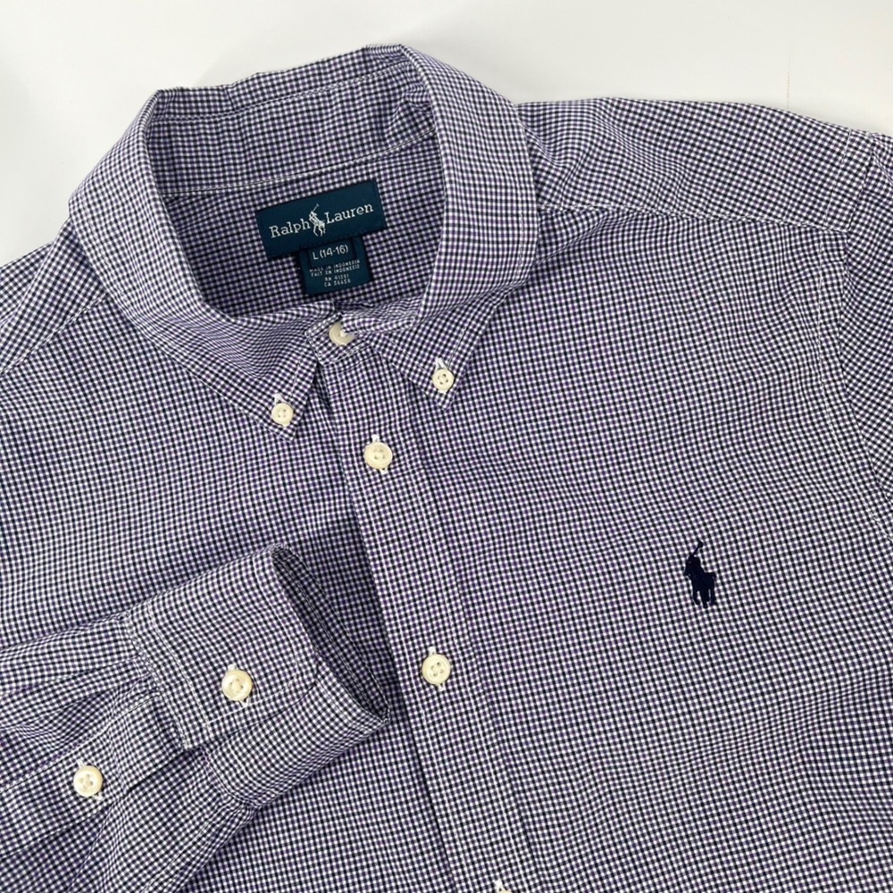 Ralph Lauren Kids Purple Navy Gingham Button Down Shirt Long Sleeve Sz L 14-16